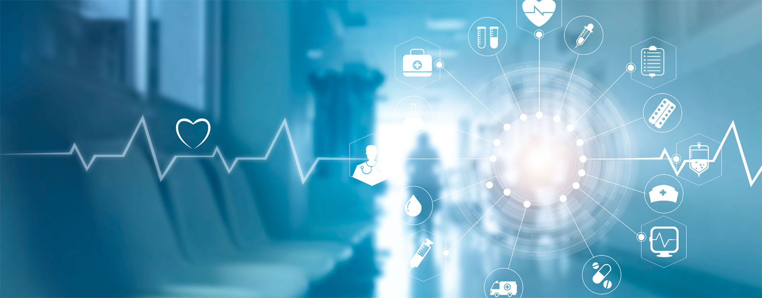 Stylised image of a hospital corridor with overlayed EKG